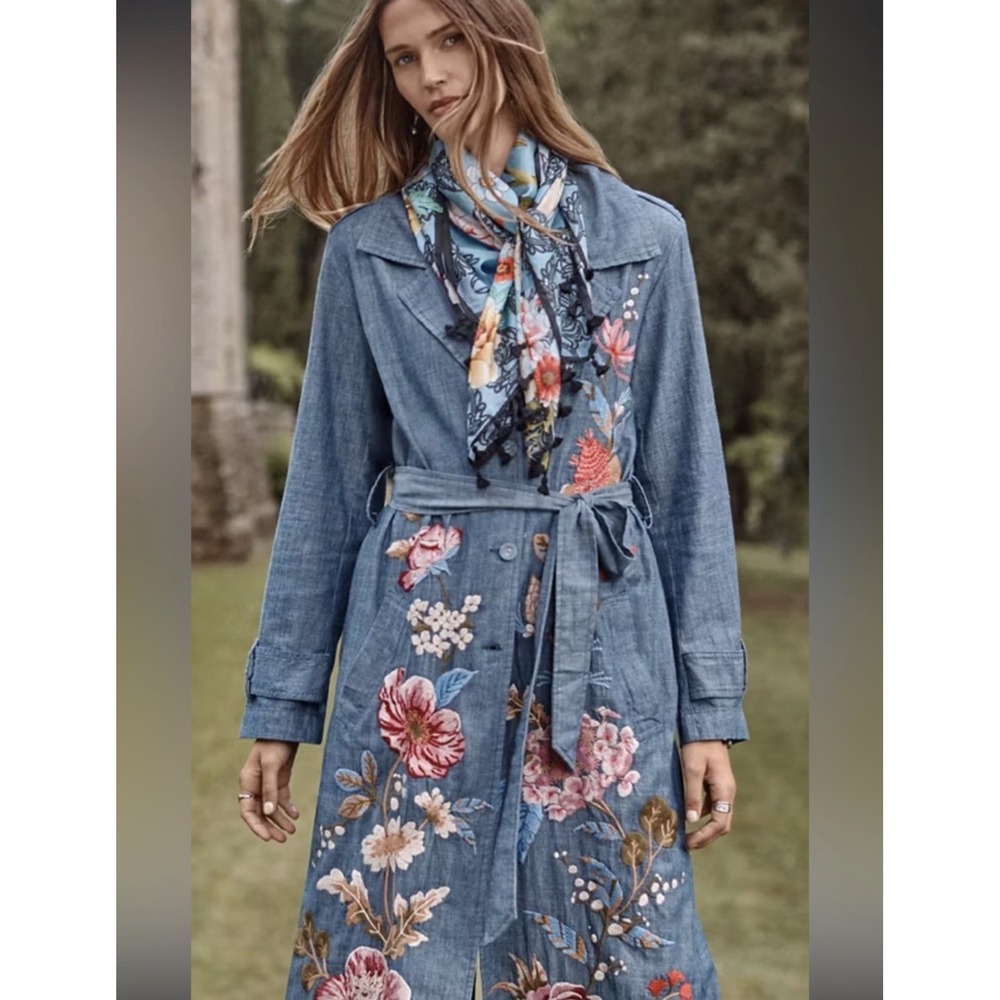 Johnny Was Light Denim Trench Dress Embroidered Floral Cottage Core Boho NWT